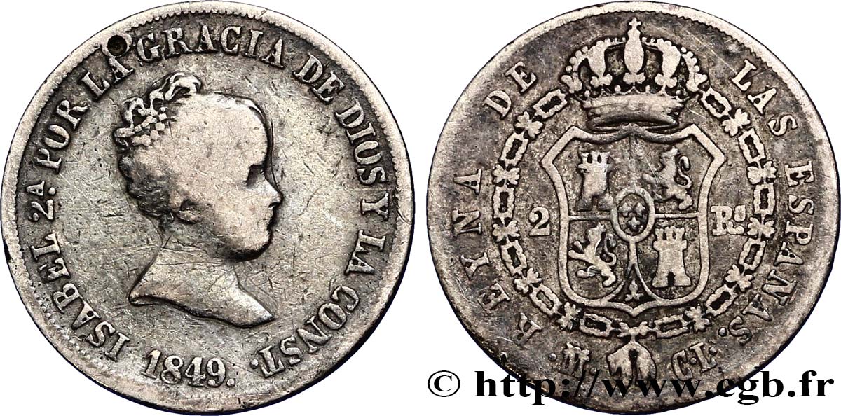 SPAIN 2 Reales  Isabelle II  1849 Madrid VF 