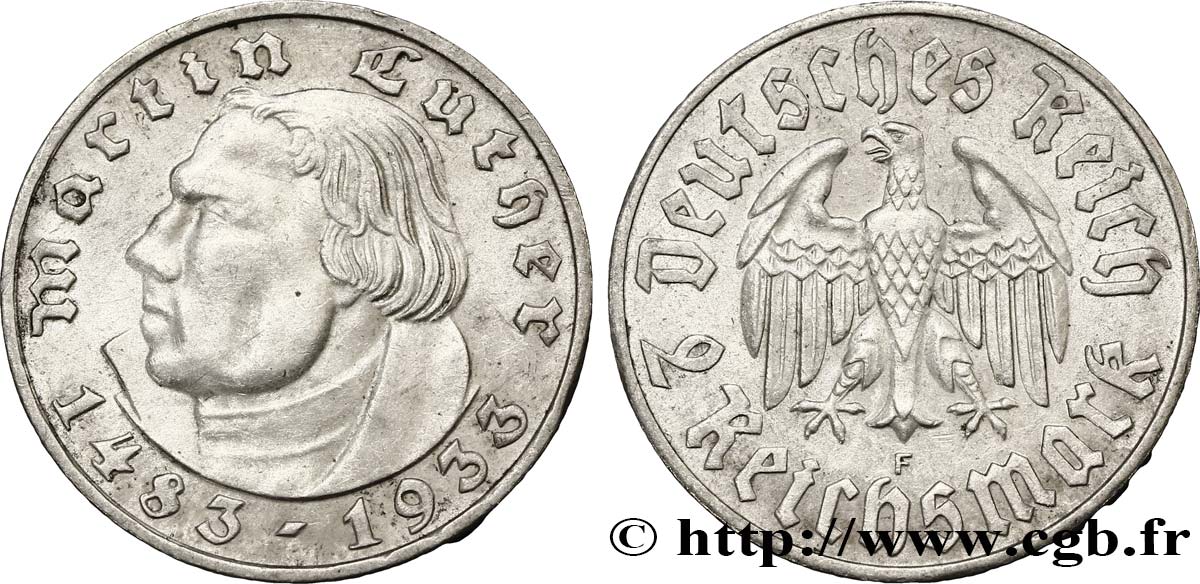 ALLEMAGNE 2 Reichsmark Martin Luther 1933 Stuttgart SUP 
