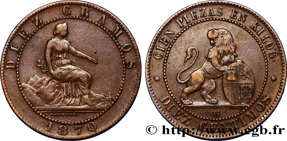 SPAIN 10 Centimos monnayage provisoire “ESPAÑA” assise / lion au bouclier 1870 Oeschger Mesdach & CO XF 