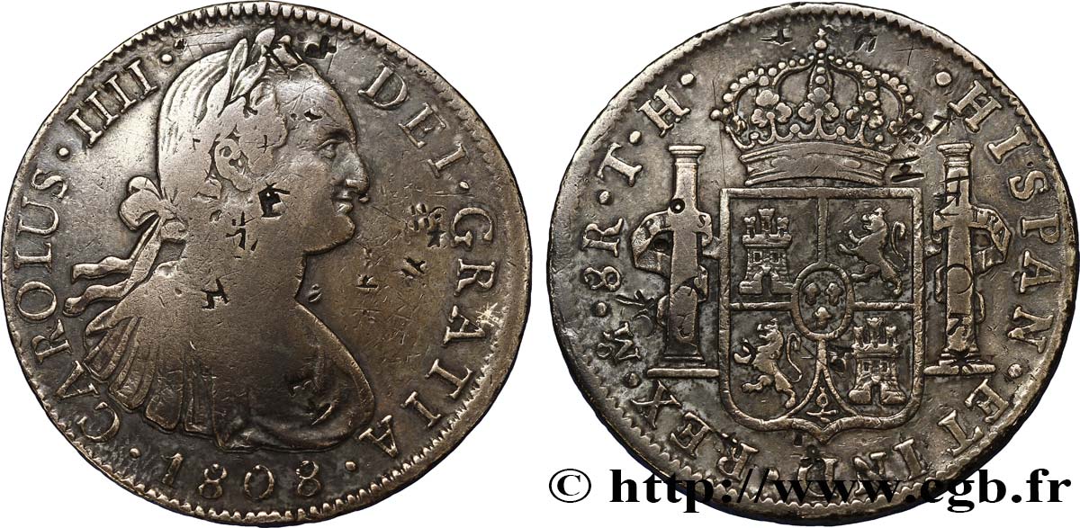 MEXIQUE 8 Reales Charles IIII d’Espagne avec contremarques chinoises 1808 Mexico TB+ 