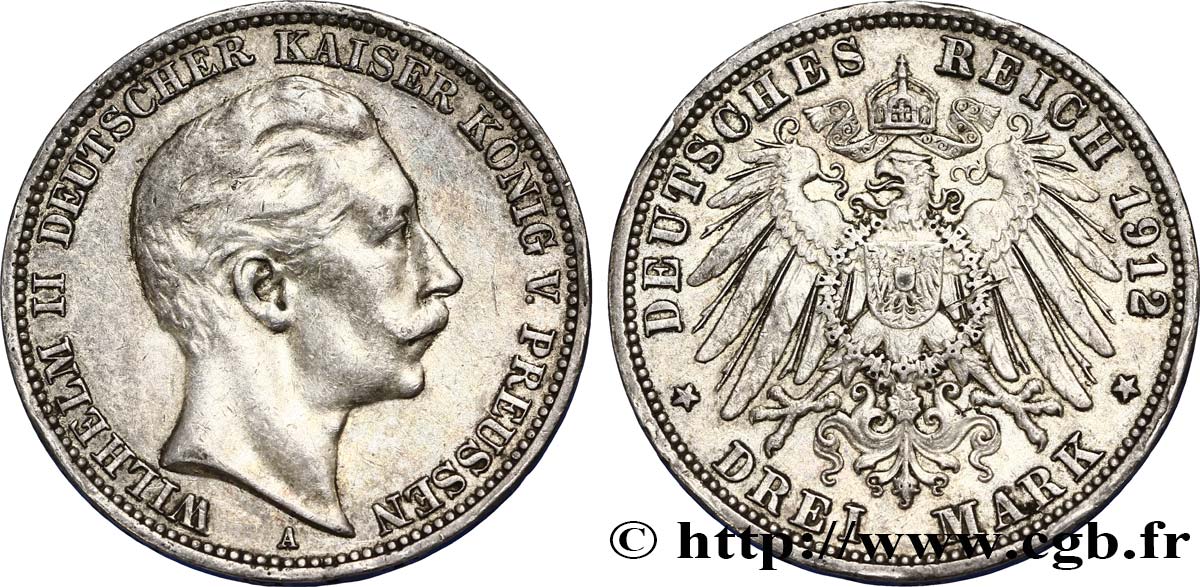 GERMANY - PRUSSIA 3 Mark Guillaume II  1912 Berlin AU 