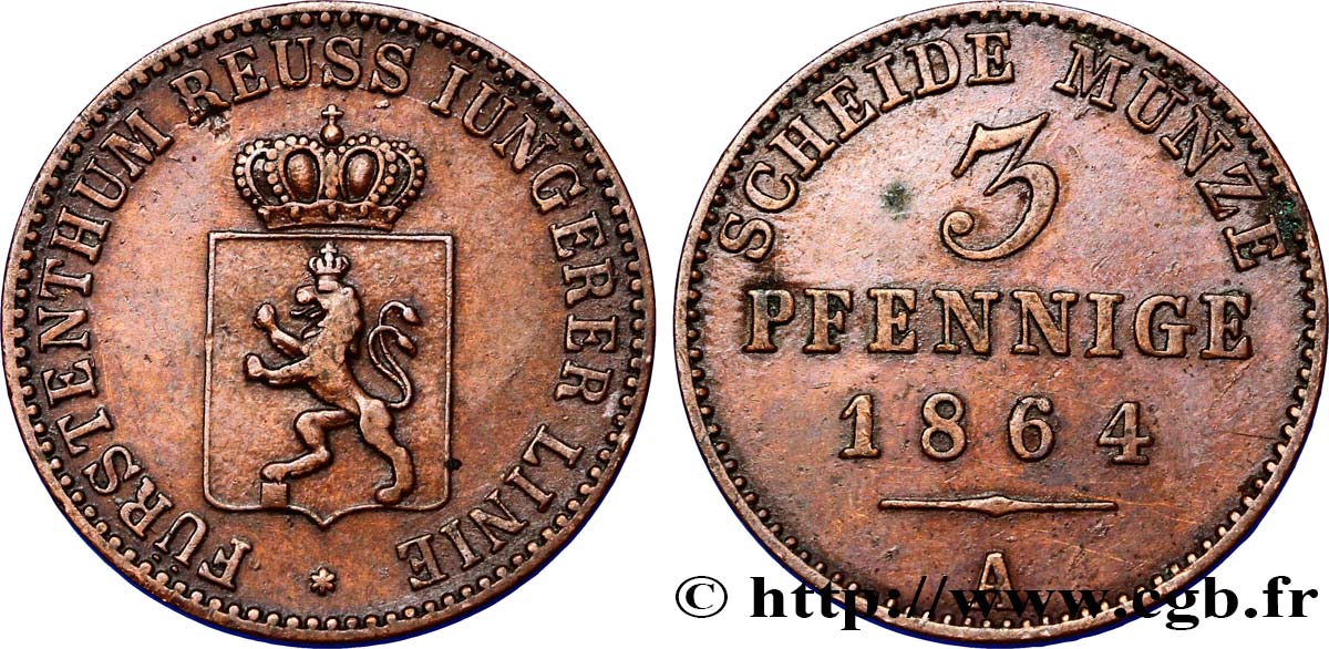 ALLEMAGNE - REUSS 3 Pfennige Principauté de Reuss, blason 1864  TTB 