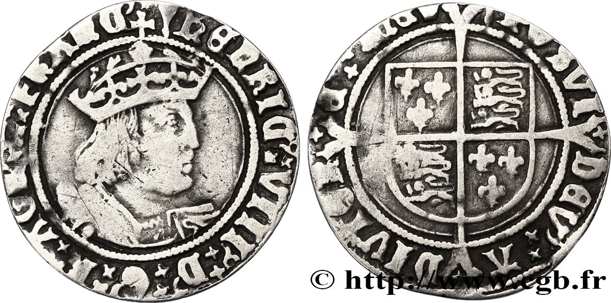 ANGLETERRE Gros (Groat) Henri VIII second monnayage 1526-1544 Londres TB+ 