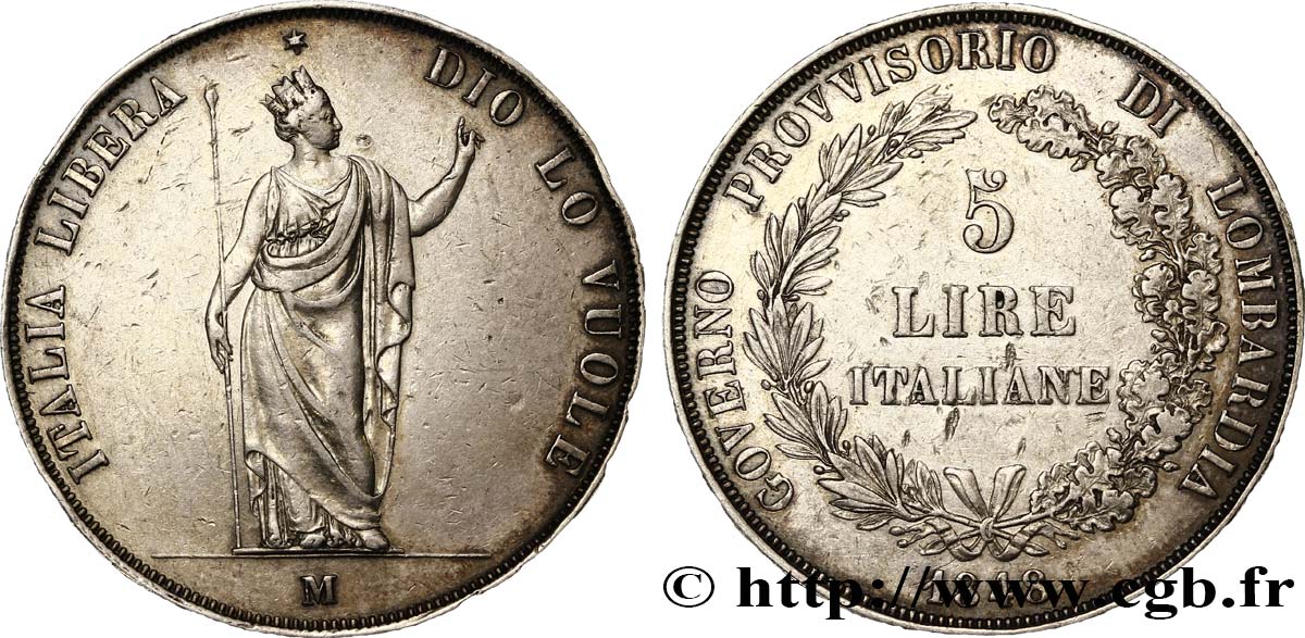 ITALIA - LOMBARDIA 5 Lire Gouvernement provisoire de Lombardie 1848 Milan MBC 