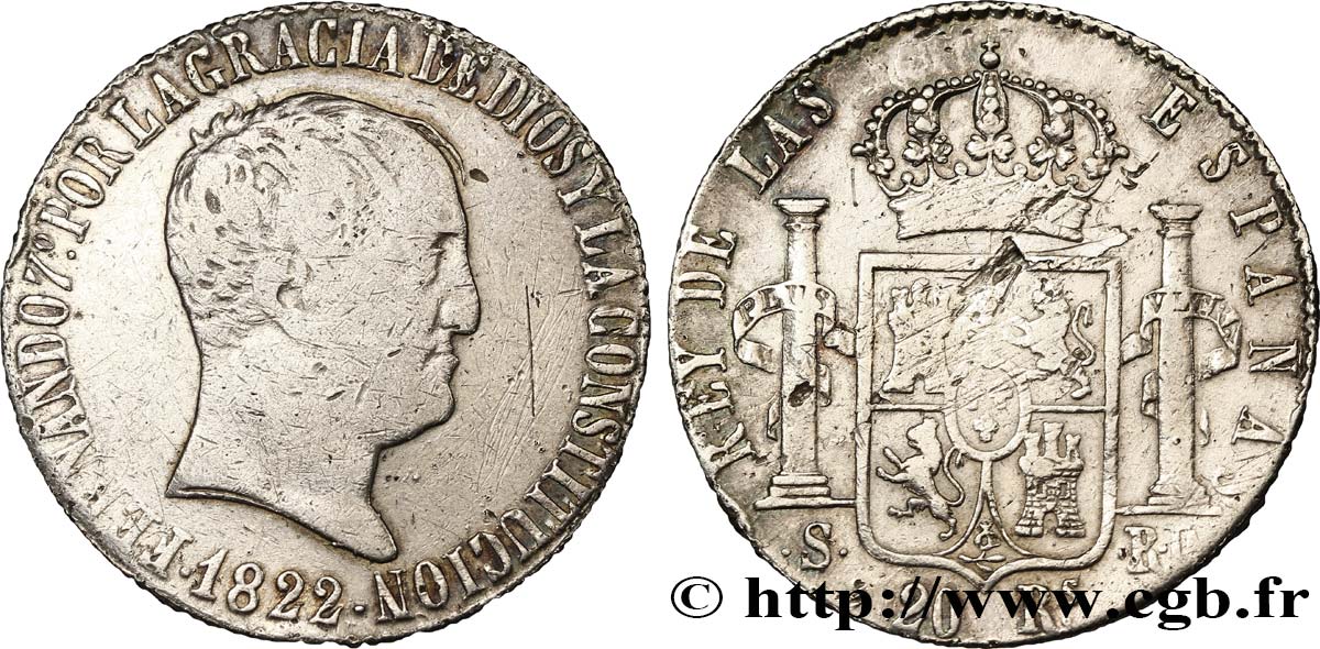 ESPAGNE 20 reales Ferdinand VII 1822 Séville TB+ 