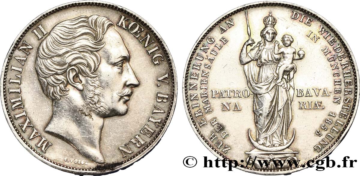 ALLEMAGNE - BAVIÈRE 2 Gulden (Mariengulden) Maximilien II 1855  TTB+ 