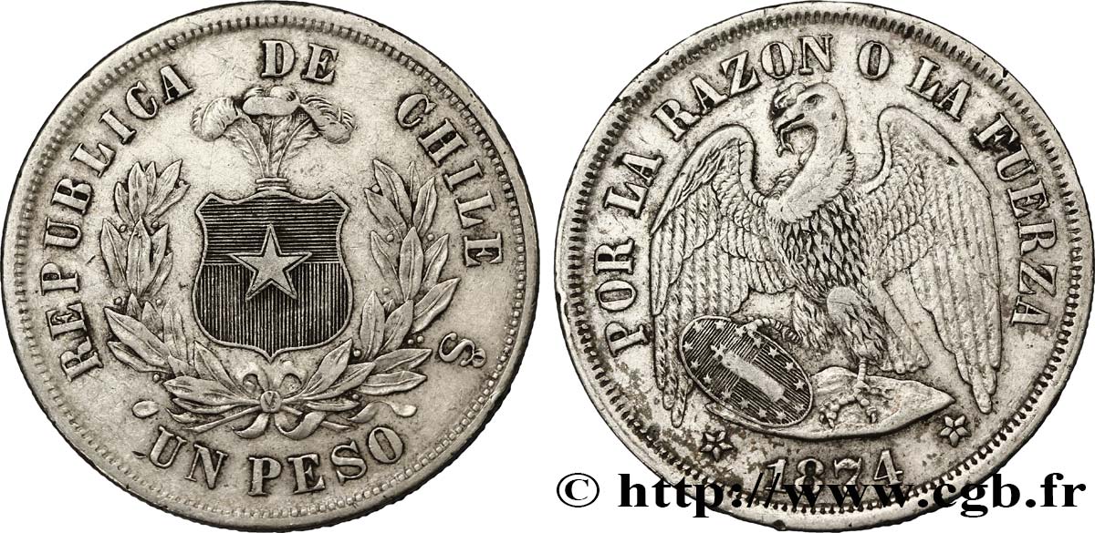 CHILE 1 Peso condor 1874 Santiago  XF 