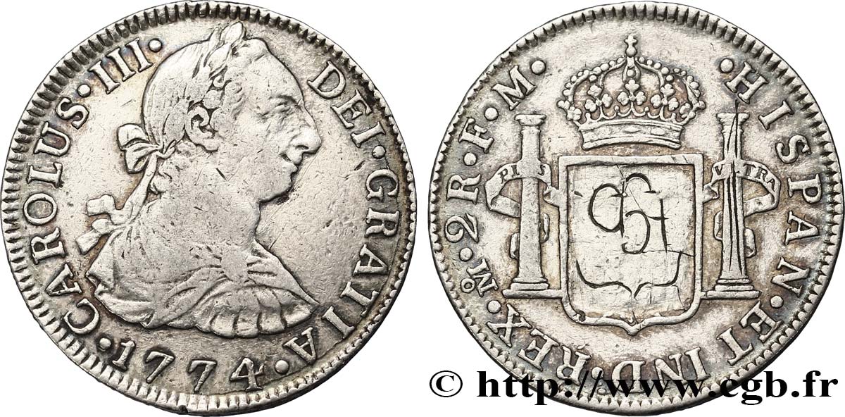 MEXIQUE 2 Reales Charles III d’Espagne 1774 Mexico TB+/TTB 