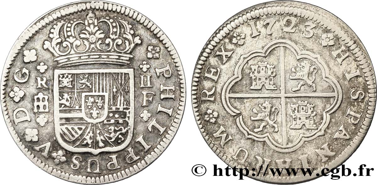 SPANIEN 2 Reales au nom de Philippe V 1723 Ségovie SS 