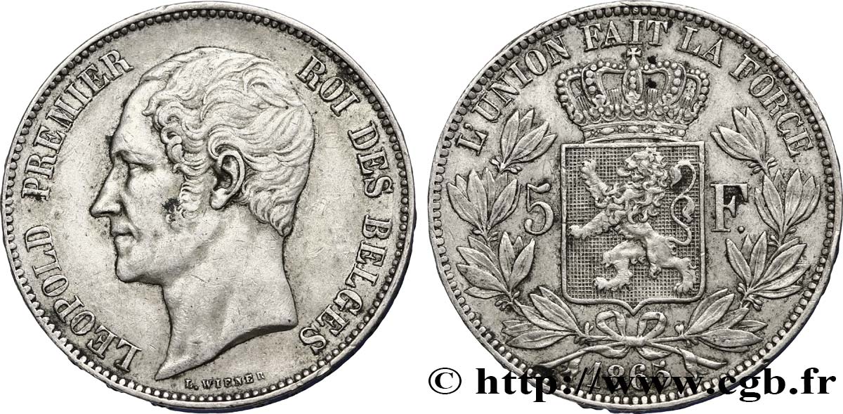 BÉLGICA 5 Francs Léopold Ier tête nue tranche A 1865  MBC 