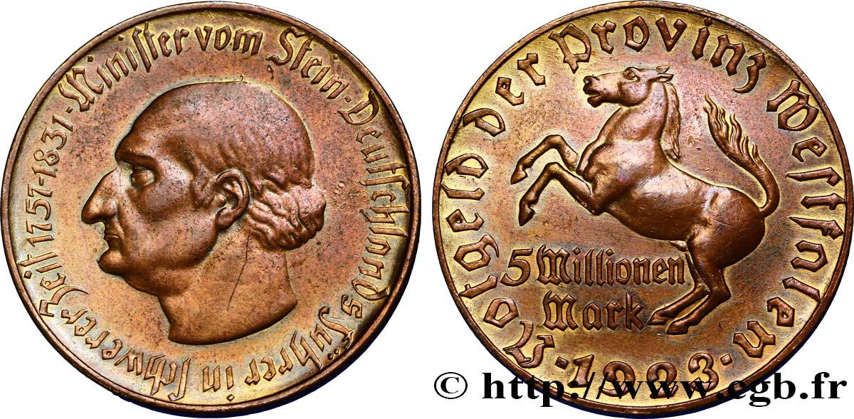 GERMANIA 5 Millions Mark  Westphalie von Stein 1923  q.SPL 