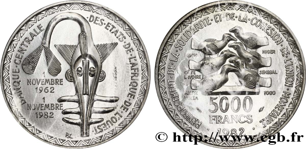 ÉTATS DE L AFRIQUE DE L OUEST (BCEAO) Essai de 5000 Francs masque / oiseau 20e anniversaire de l’Union Monétaire 1982 Paris FDC 