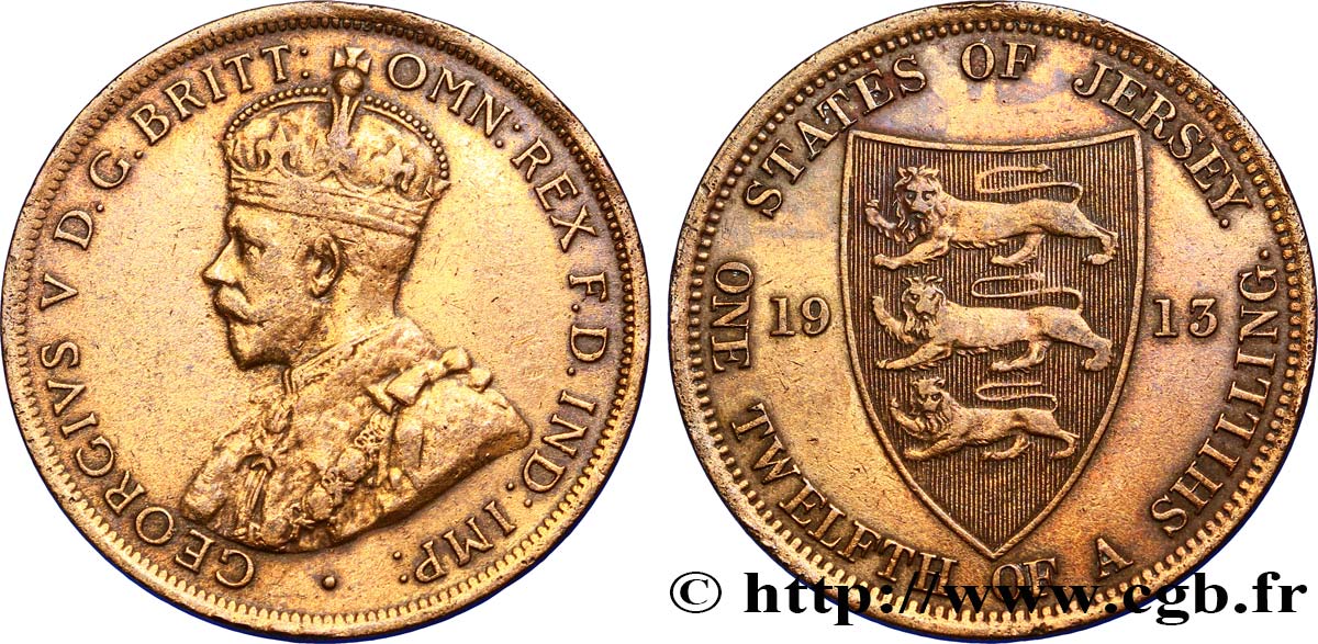 JERSEY 1/12 Shilling Georges V / armes du Baillage de Jersey 1913  TTB 