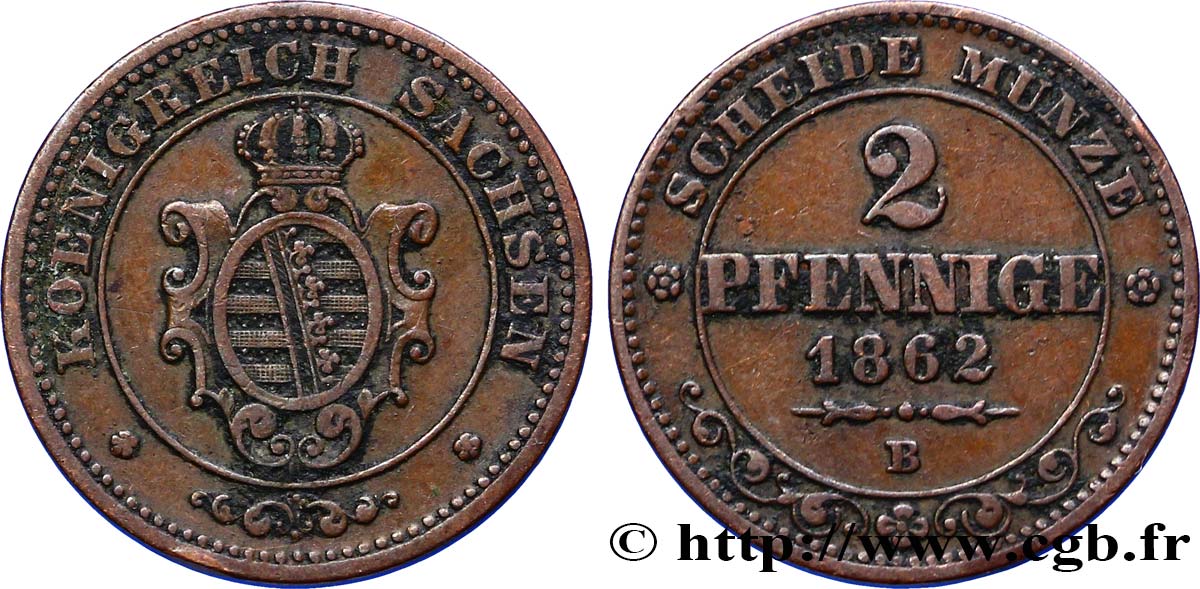ALLEMAGNE - SAXE 2 Pfennige Royaume de Saxe, blason 1862 Dresde TTB 
