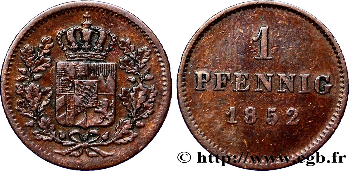 ALLEMAGNE - BAVIÈRE 1 Pfennig Royaume de Bavière, écu couronné 1852  TTB 