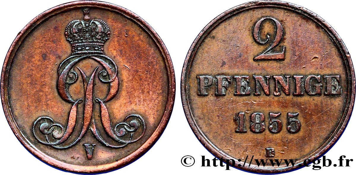 ALLEMAGNE - HANOVRE 2 Pfennige Royaume de Hanovre monograme GR (roi Georges V) 1855 Hanovre TTB 