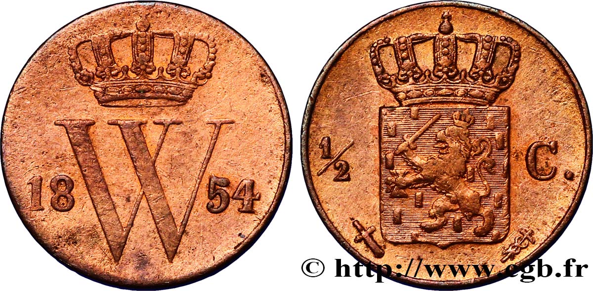 PAESI BASSI 1/2 Cent  emblème monogramme de Guillaume III 1854 Utrecht BB 