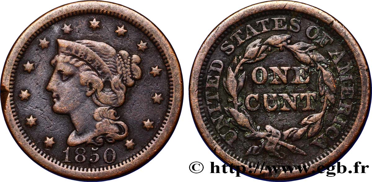 STATI UNITI D AMERICA 1 Cent Liberté “Braided Hair” 1850 Philadelphie q.BB 