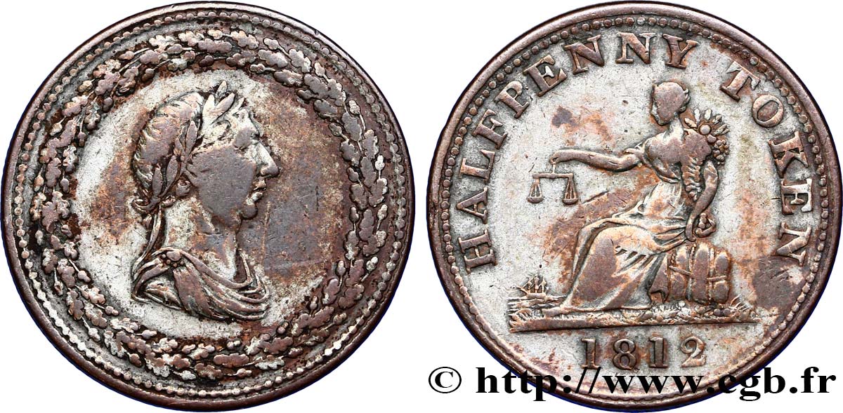 GETTONI BRITANICI 1 Penny buste de Georges III lauré / allégorie du commerce 1812  MB 