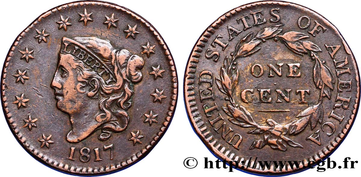 ÉTATS-UNIS D AMÉRIQUE 1 Cent “Matron Head” variété à 15 étoiles 1817 Philadelphie TTB 