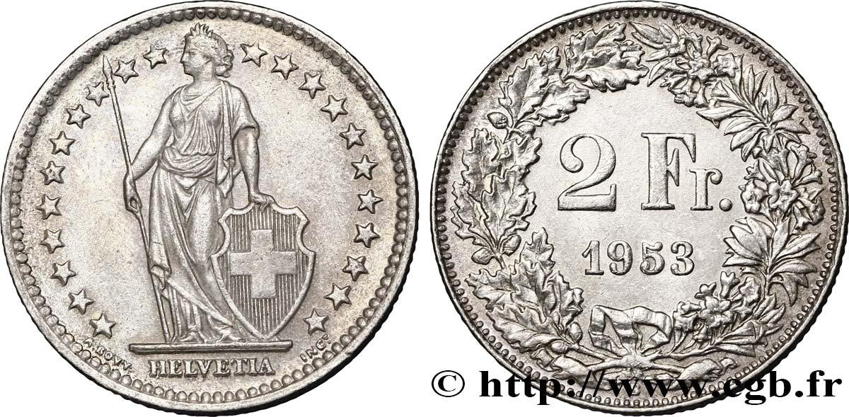 SWITZERLAND 2 Francs Helvetia 1953 Berne AU 