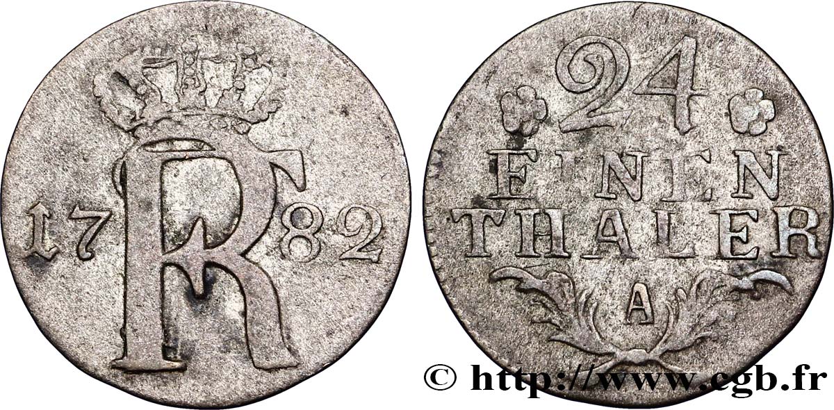 GERMANIA - PRUSSIA 1/24 Thaler Royaume de Prusse monogramme de Frédéric II 1782 Berlin q.BB 