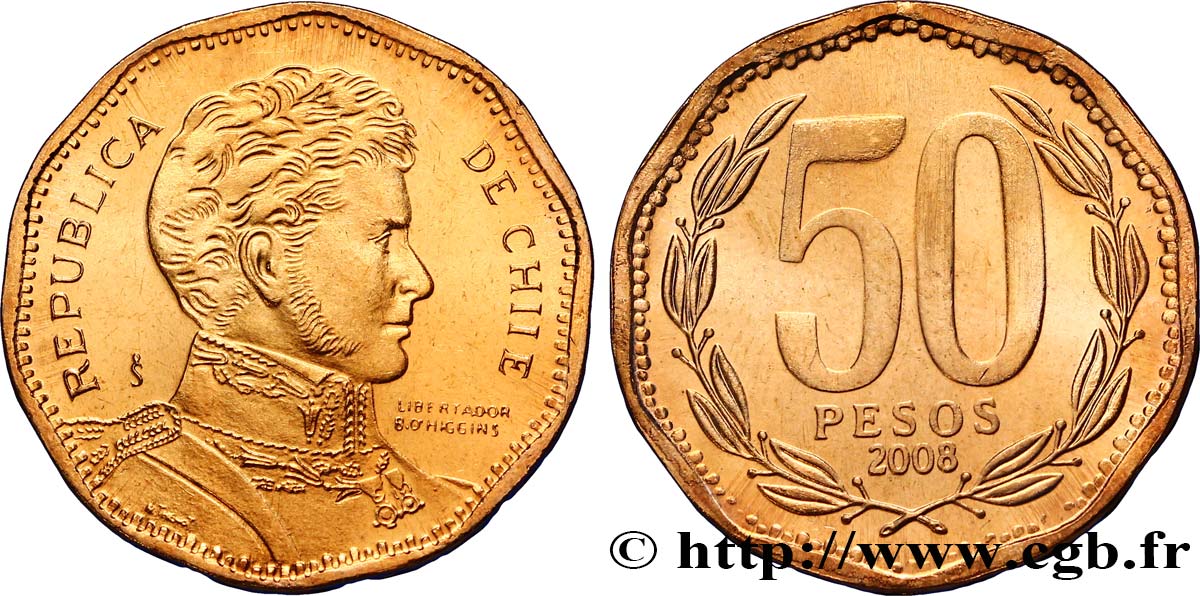 CHILE 50 Pesos Bernardo O’Higgins erreur frappe “CHIIE” 2008 Santiago MS 