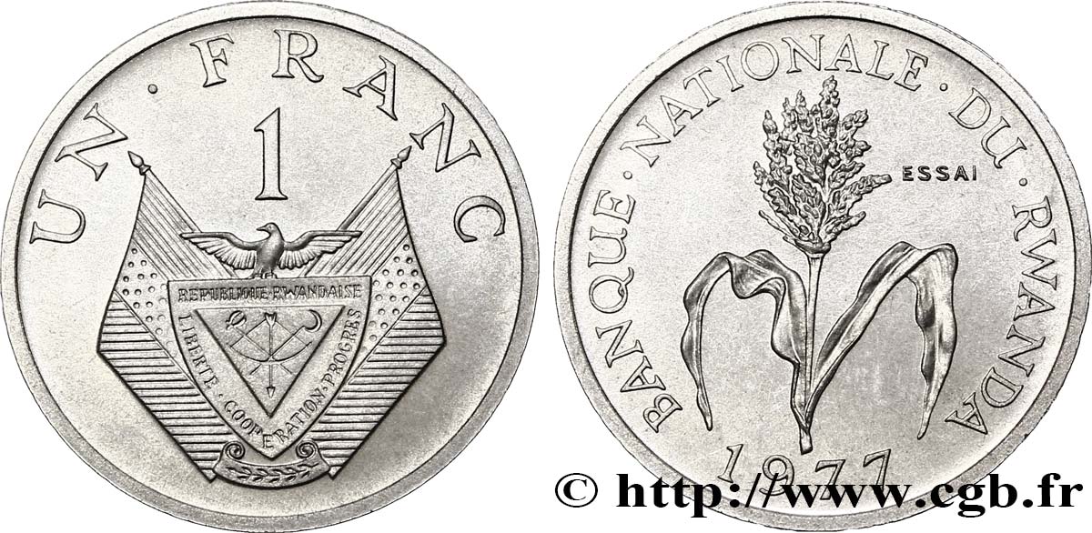 RUANDA Essai de 1 Franc emblème / mil 1977 Paris SC 