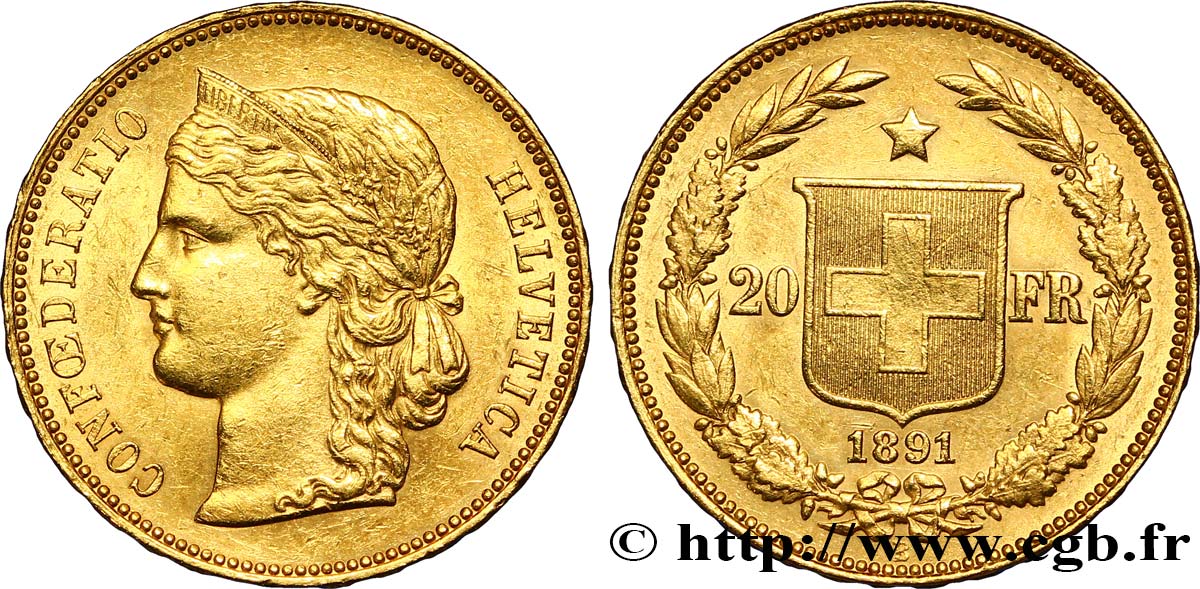 SUISSE 20 Francs or buste diadémé d Helvetia 1891 Berne SUP 