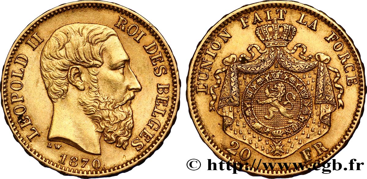 BELGIQUE 20 Francs or Léopold II  4e type 1870 Bruxelles TTB+ 