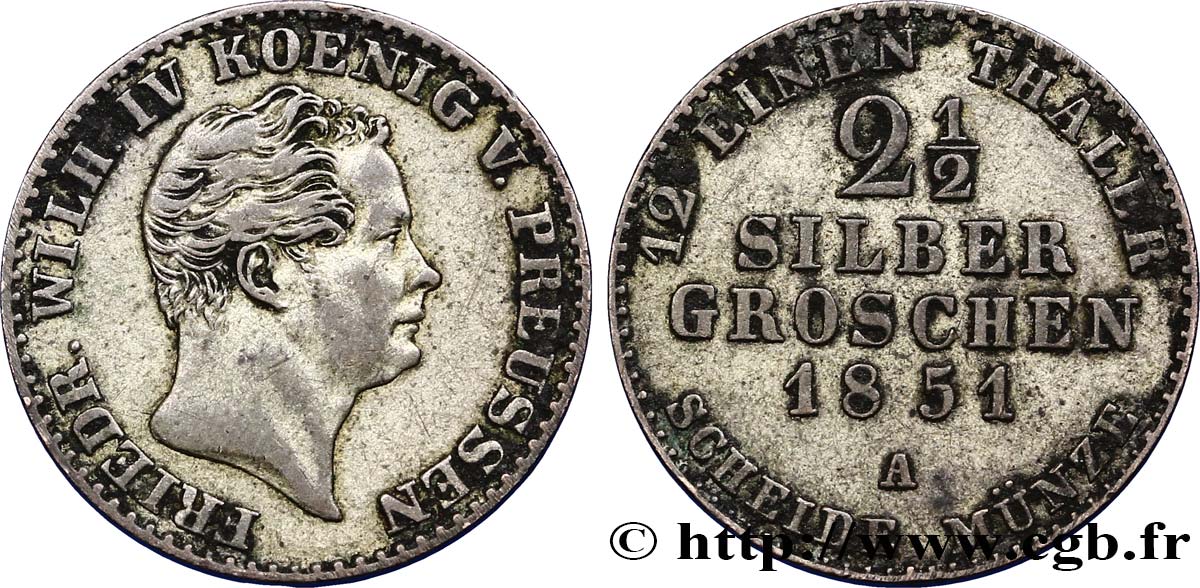ALLEMAGNE - PRUSSE 2 1/2 Silbergroschen Royaume de Prusse Frédéric Guillaume IV 1851 Berlin TTB 