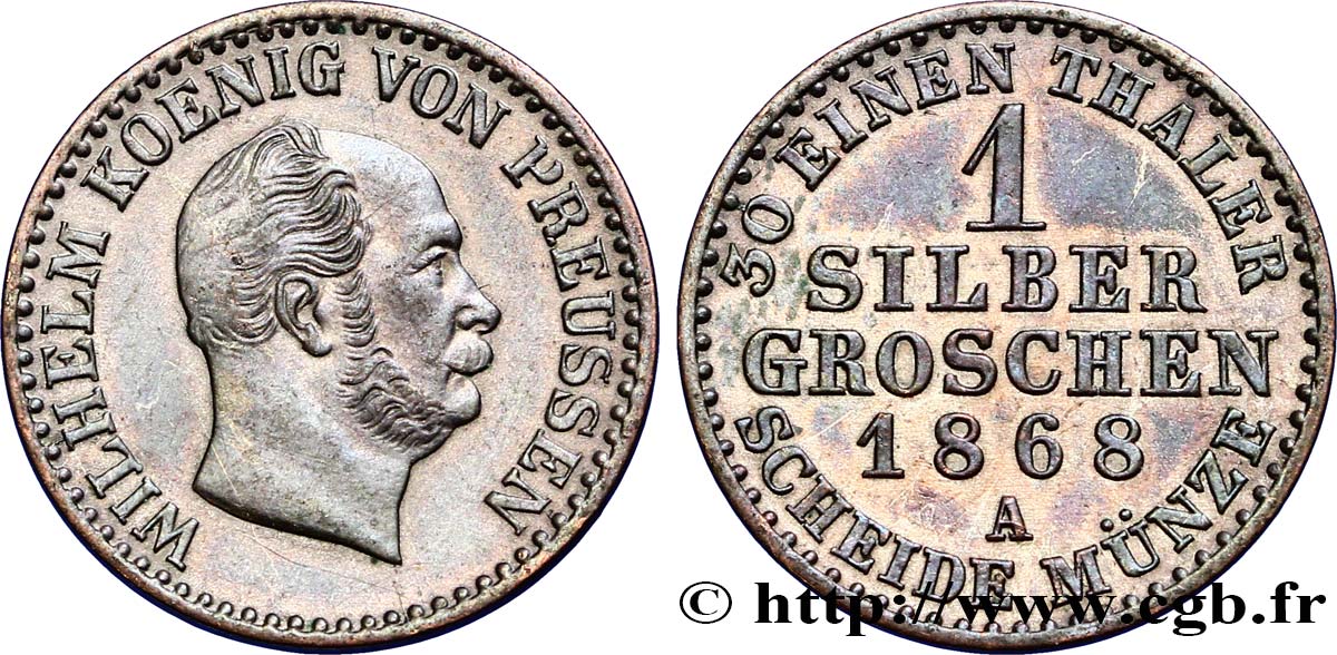 GERMANY - PRUSSIA 1 Silbergroschen Guillaume Ier 1868 Francfort AU 