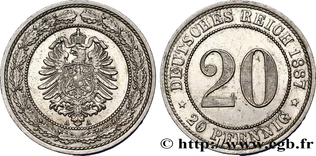 GERMANY 20 Pfennig Empire 1887 Berlin MS 