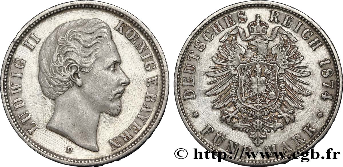 ALLEMAGNE - BAVIÈRE 5 Mark Louis II 1874 Munich TTB 