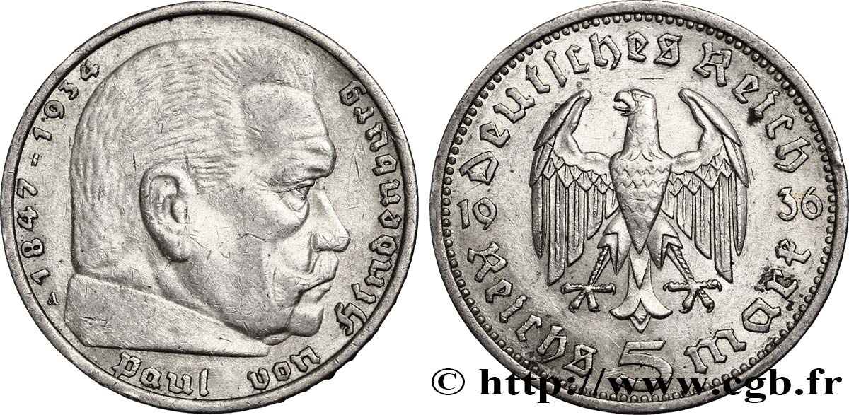 ALLEMAGNE 5 Reichsmark Maréchal Paul von Hindenburg 1936 Berlin SUP 