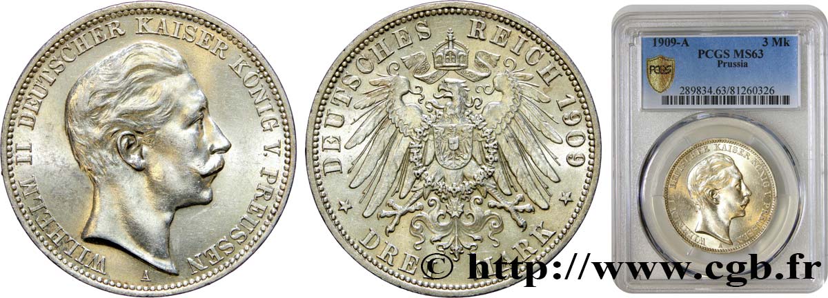 GERMANY - PRUSSIA 3 Mark Guillaume II 1909 Berlin MS63 PCGS