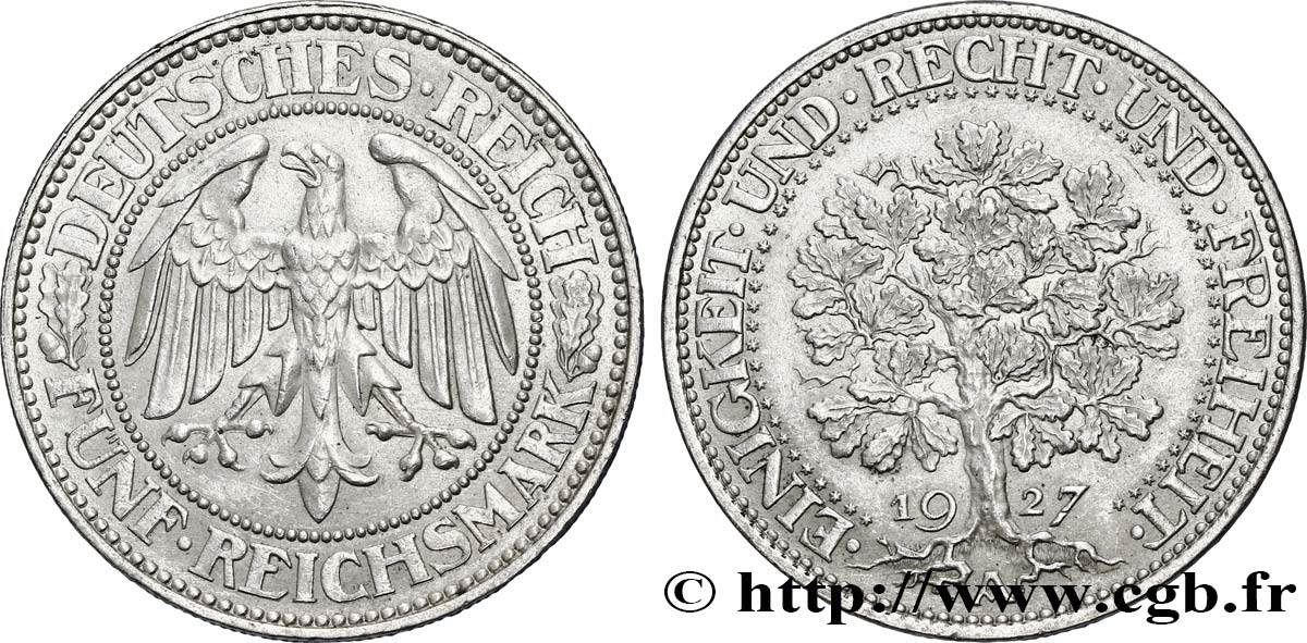 GERMANIA 5 Reichsmark aigle 1927 Berlin q.SPL 