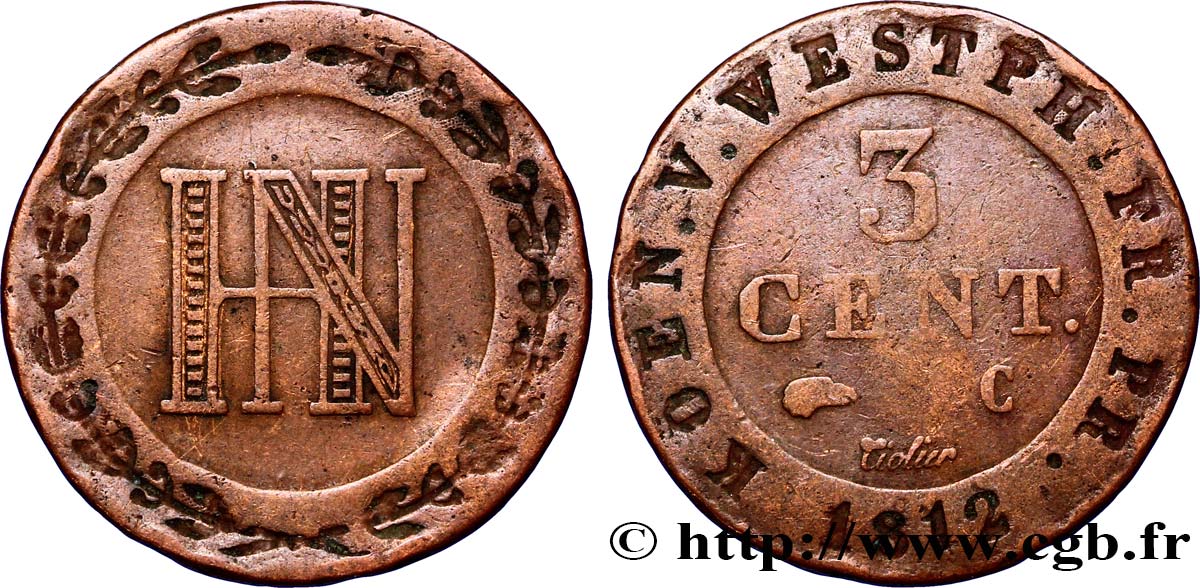 GERMANY - KINGDOM OF WESTPHALIA 3 Cent. 1812 Cassel VF 