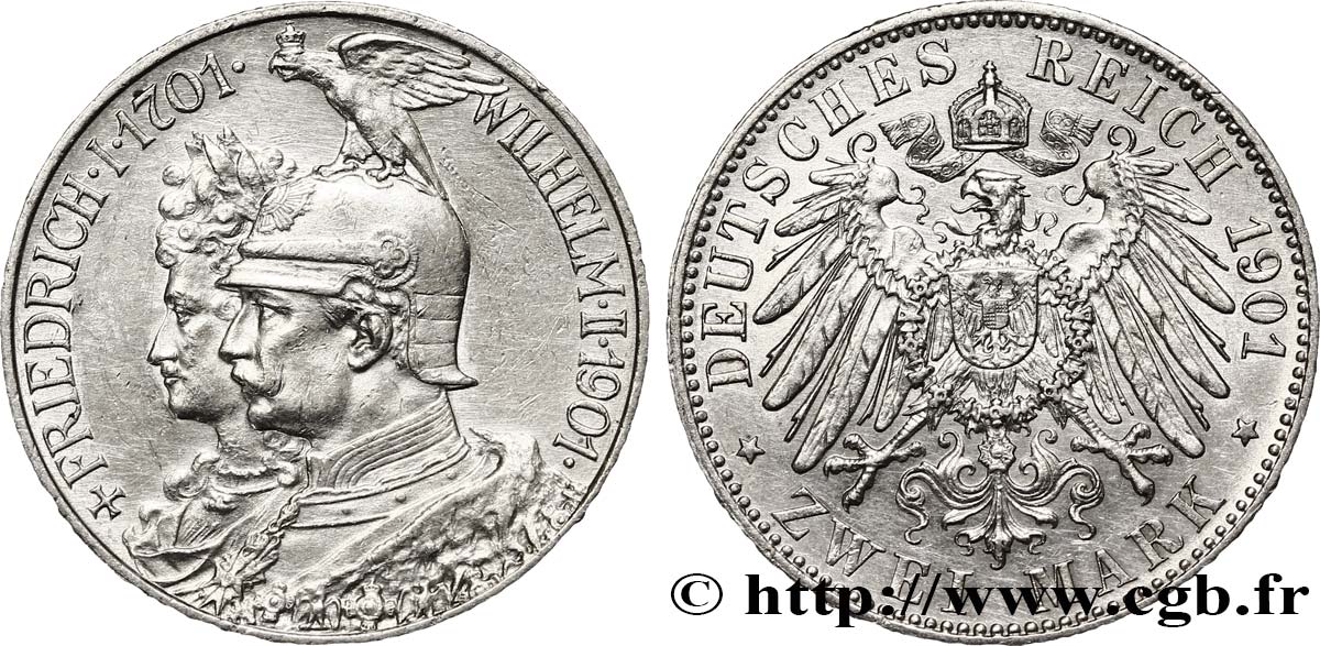 ALLEMAGNE - PRUSSE 2 Mark Guillaume II 200e anniversaire de la Prusse 1901 Berlin TTB 