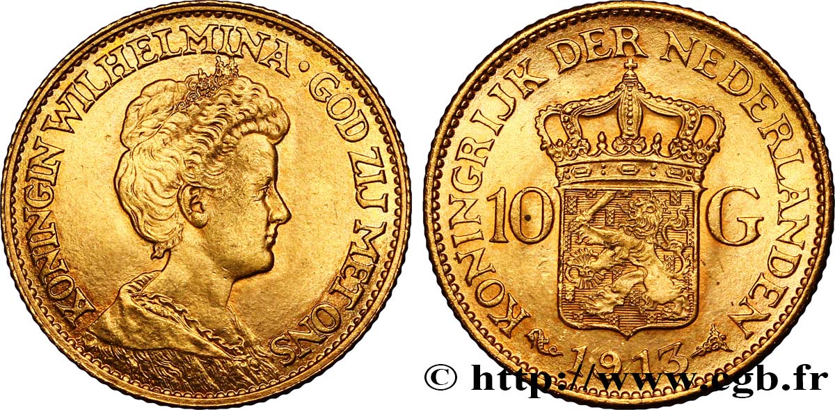 PAYS-BAS 10 Gulden or ou 10 Florins Wilhelmina 1913 Utrecht SUP+ 