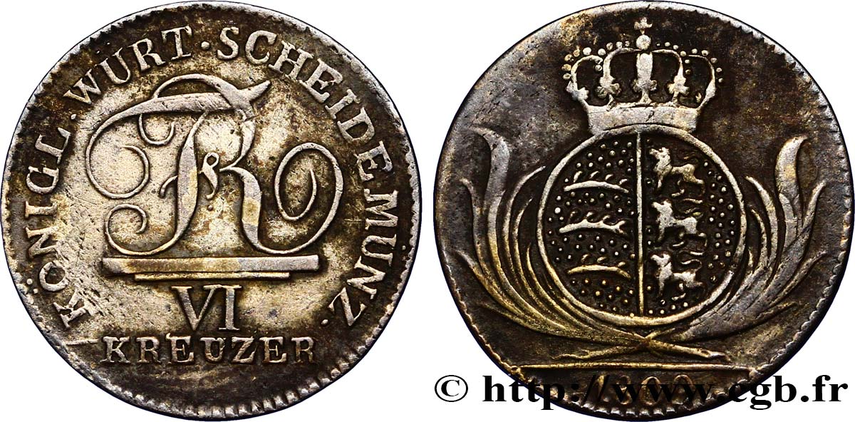 GERMANY - WÜRTTEMBERG 6 Kreuzer Royaume de Würtemberg monogramme de Frédéric Ier 1809  XF 