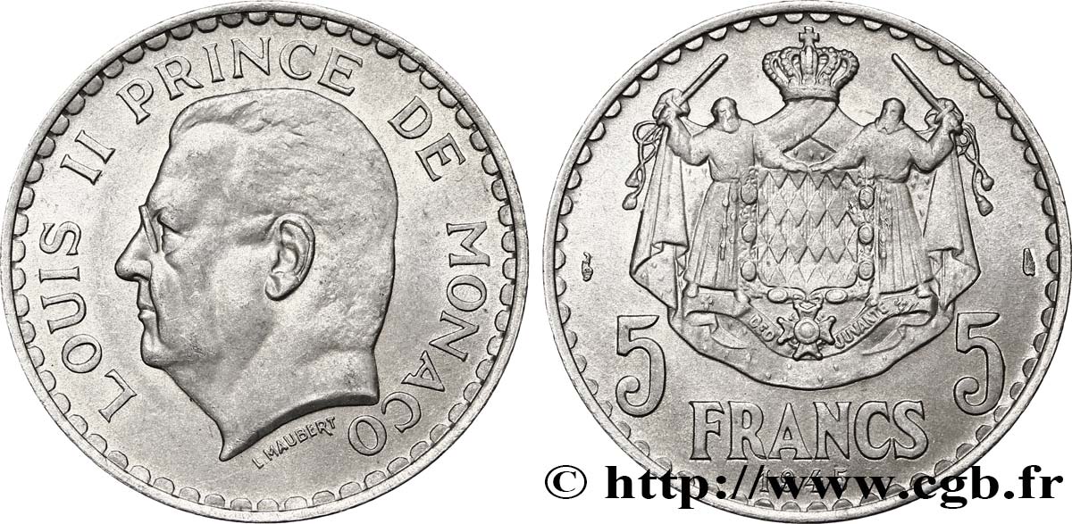 MONACO 5 Francs Louis II / armoiries 1945 Paris SUP 