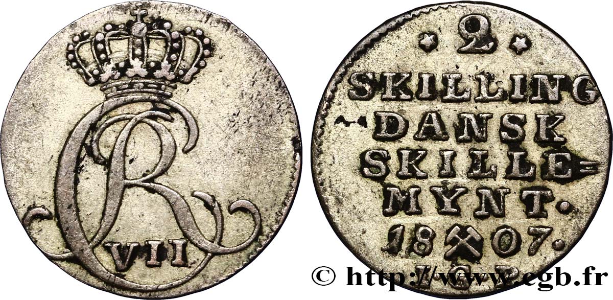 NORVÈGE 2 Skilling monogramme de Christian VII roi du Danemark 1807  TTB 