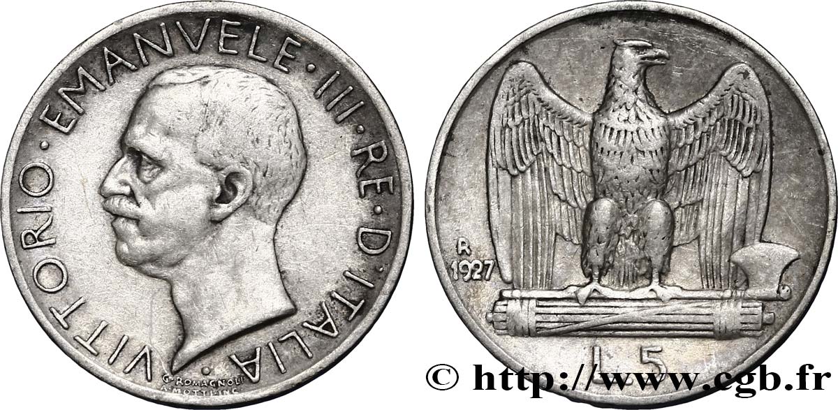 ITALIA 5 Lire Victor Emmanuel III 1927 Rome - R BC+ 