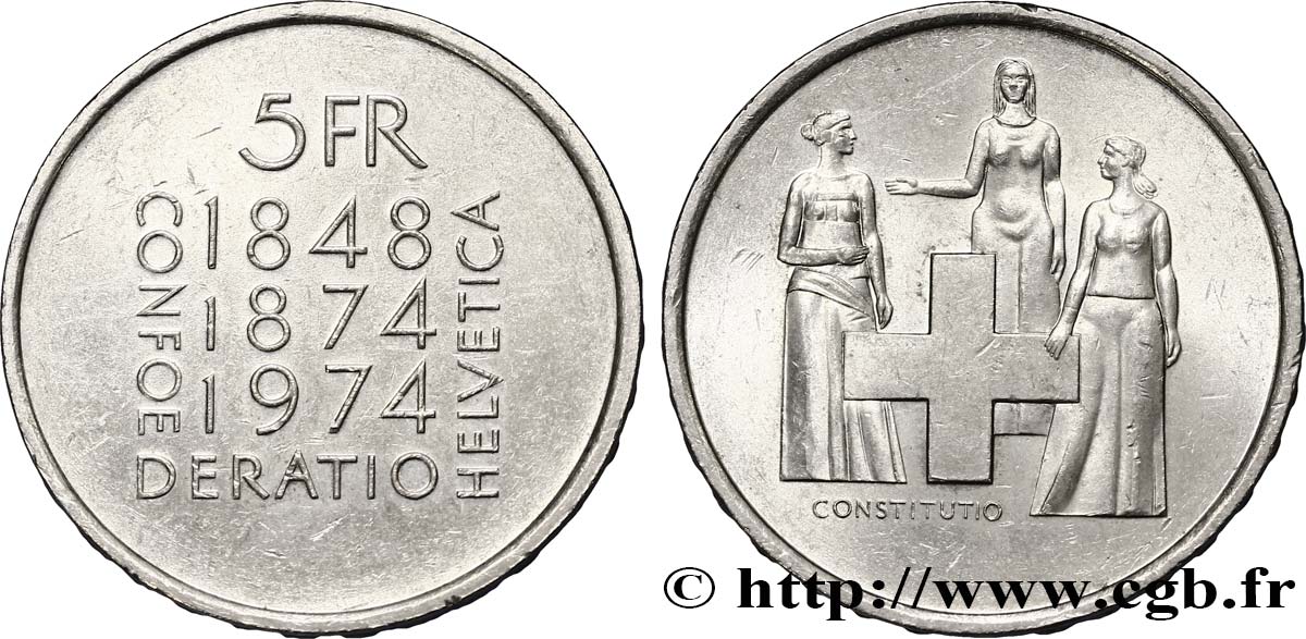 SUISSE 5 Francs centenaire de la révision de la constitution 1974 Berne - B SUP 