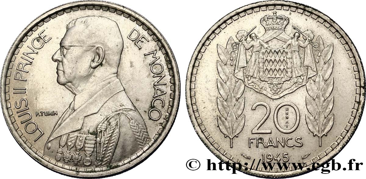 MONACO Essai de 20 Francs Louis II 1945 Paris SPL 