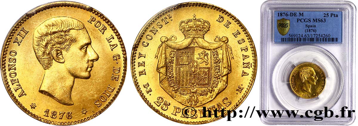 ESPAGNE - ROYAUME D ESPAGNE - ALPHONSE XII 25 Pesetas 1876 Madrid fST63 PCGS