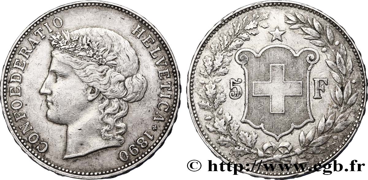 SUISSE 5 Francs Helvetia buste 1890 Berne TTB/TTB+ 