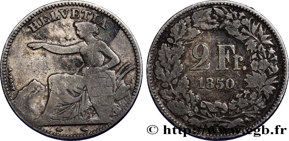 SUISSE 2 Francs Helvetia 1850 Paris TB 