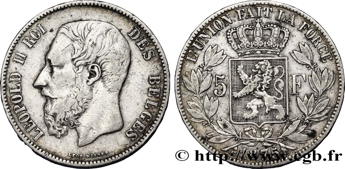 BELGIQUE 5 Francs Léopold II / Écu couronné 1875  TTB 